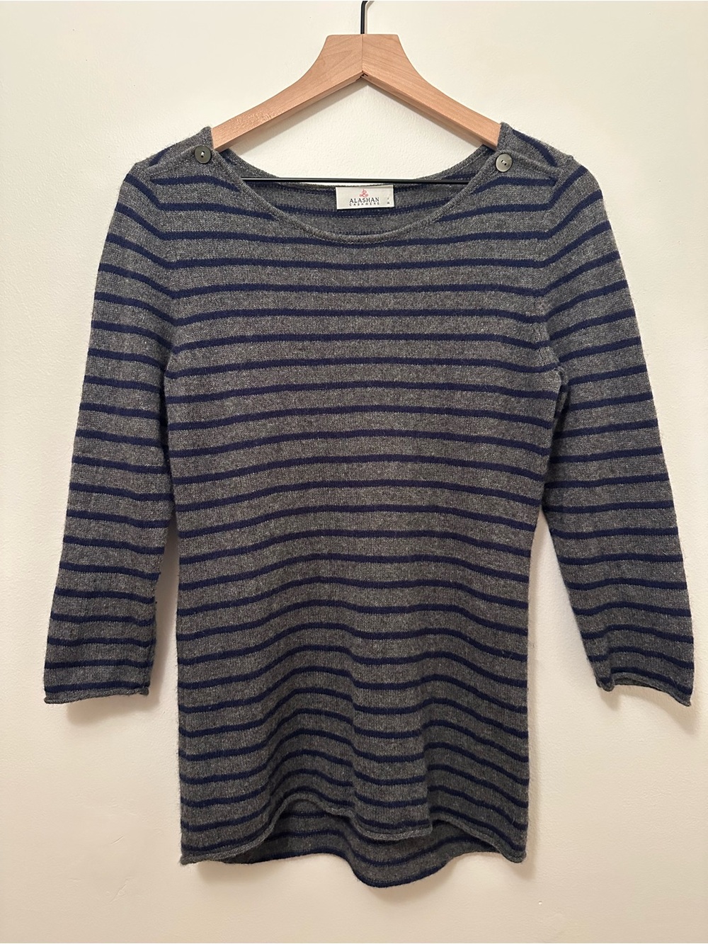 Alashan 100% Cashmere Grey and Navy Striped Sweater w/ ¾ Sleeves